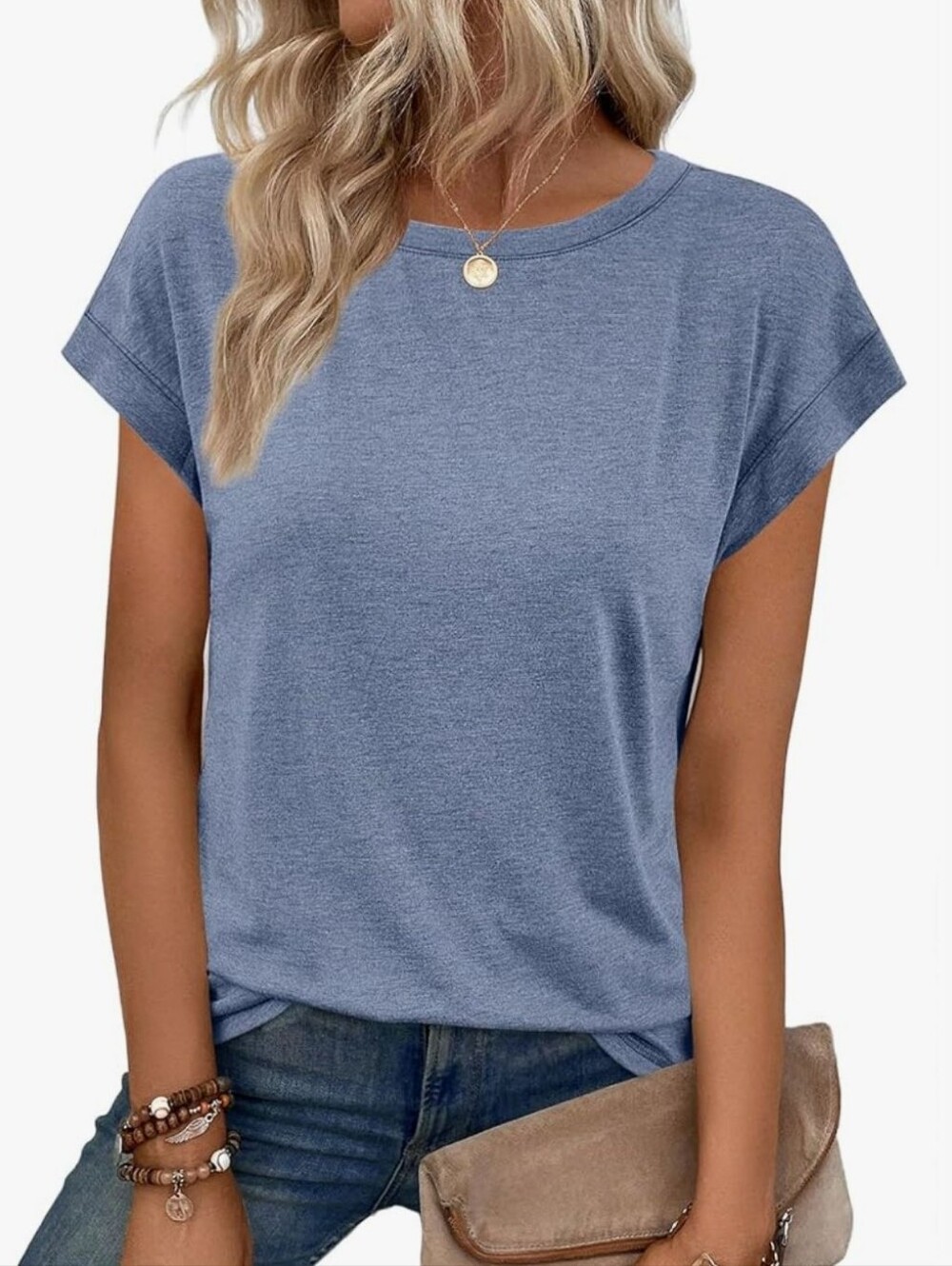 Casual Crewneck Women’s Relaxed Cap Sleeve Top in Soft Blue